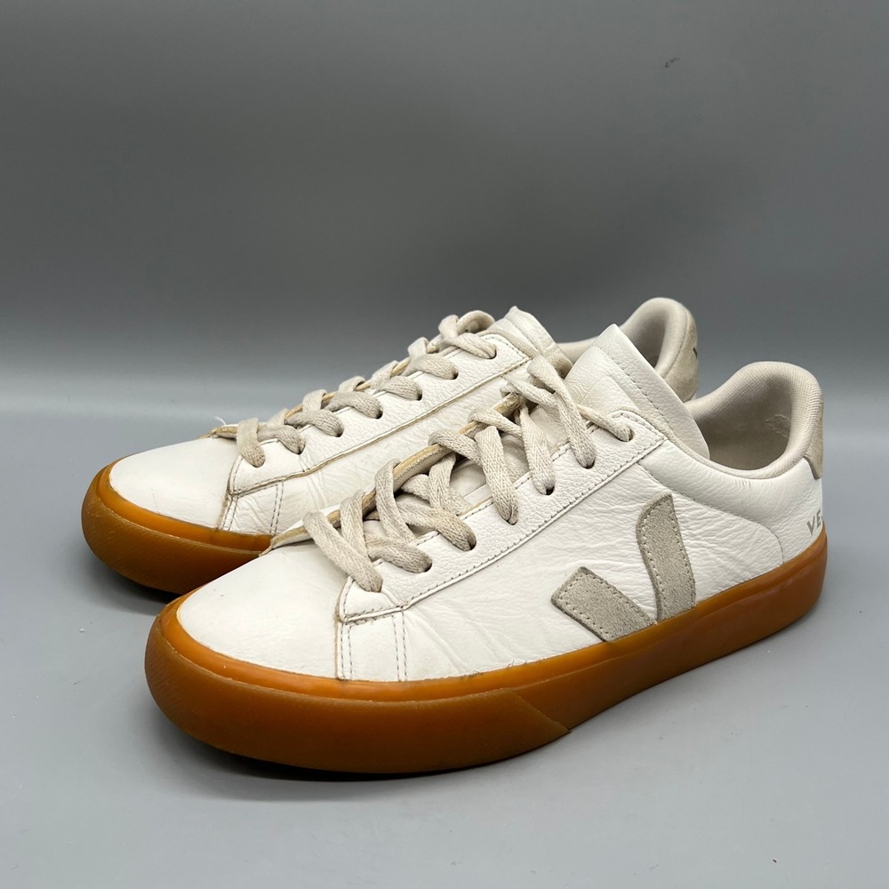 Veja Shoes Womens 8 White Gray Leather Campo Gum Sole Low Top Trainer Sneakers - Picture 3 of 11